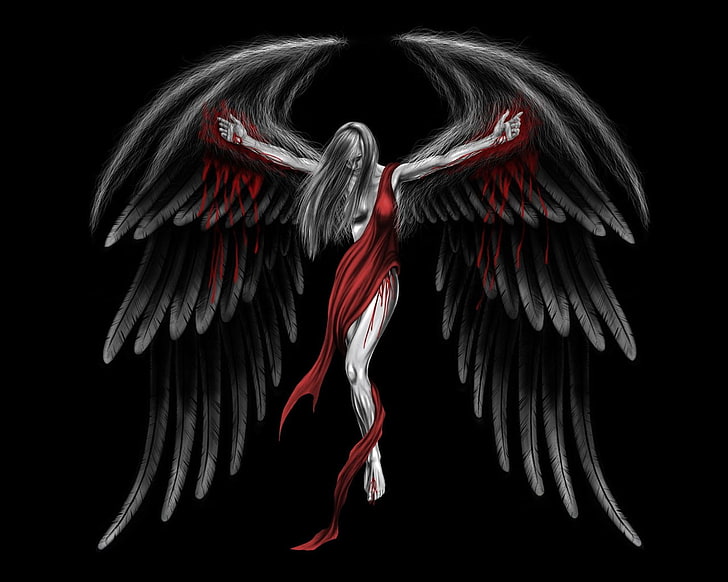 woman with black wings wearing red dress graphic wallpaper, wings, angel, HD wallpaper