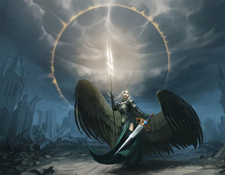 женщина с крыльями держит меч цифровые обои, ангел, фэнтези арт, произведение искусства, магия: сбор, HD обои