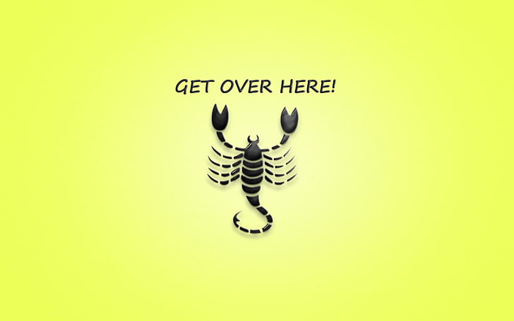 black scorpion vector art with get over here text overlay, the inscription, minimalism, Scorpio, the phrase, yellow background, scorpion, mortal kombat, get over here, HD wallpaper