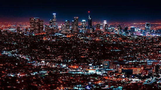Лос Анджелис, градски пейзаж, град, тъмнина, силует, метрополия, нощ, градски светлини, небостъргач, небе, Калифорния, САЩ, здрач, HD тапет HD wallpaper