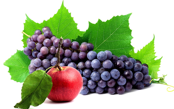 purple grapes and red apple, berries, apples, leaves, apple, bunch, grapes, HD wallpaper