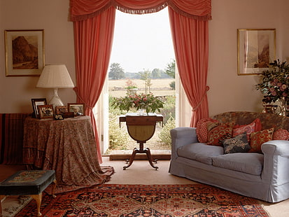 grå 2-sits soffa, soffa, bord, gardiner, möbler, interiör, design, komfort, HD tapet HD wallpaper