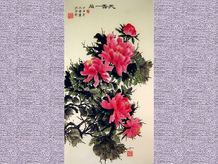 Азиатско изкуство19, червени петалирани цветя, китайски, японски, азиатско изкуство, картини, HD тапет