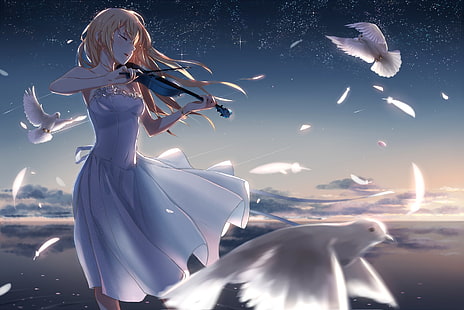 Ilustración de personaje de anime femenino de cabello rubio, Shigatsu wa Kimi no Uso, Miyazono Kaori, vestido blanco, violín, cabello largo, lágrimas, pájaros, plumas, pétalos de flores, cielo, nubes, estrellas fugaces, agua, chicas anime, anime, Fondo de pantalla HD HD wallpaper