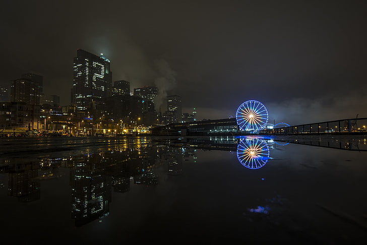 blue ferris wheel, cityscape, night, reflection, city lights, ferris wheel, city, HD wallpaper
