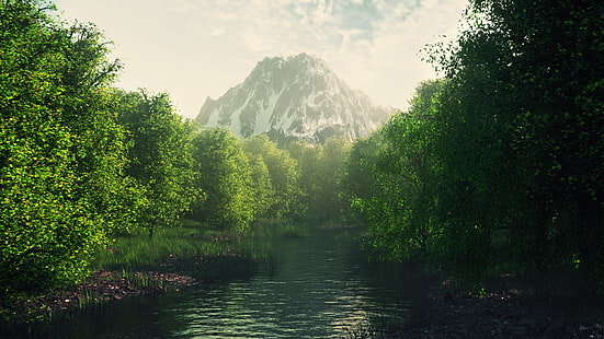 Cinema 4D, OctaneRender, peyzaj, orman, nehir, doğa, HD masaüstü duvar kağıdı HD wallpaper