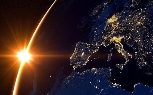 Sun And Earth From Space Europe Night Hd Wallpaper, HD wallpaper HD wallpaper