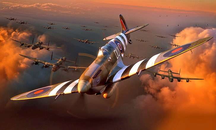 Рисунок, истребитель, Вторая мировая война, Вторая мировая война, Супермарин, Великобритания, Королевские ВВС, Avro 683 Lancaster, Четырехмоторный бомбардировщик, Spitfire Mk.IXe, HD обои