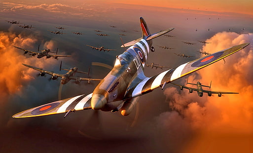 그림, 전투기, 제 2 차 세계 대전, WW2, 슈퍼 마린, 영국, 왕립 공군, Avro 683 랭커스터, 4 엔진 폭격기, 스핏파 이어 Mk.IXe, HD 배경 화면 HD wallpaper