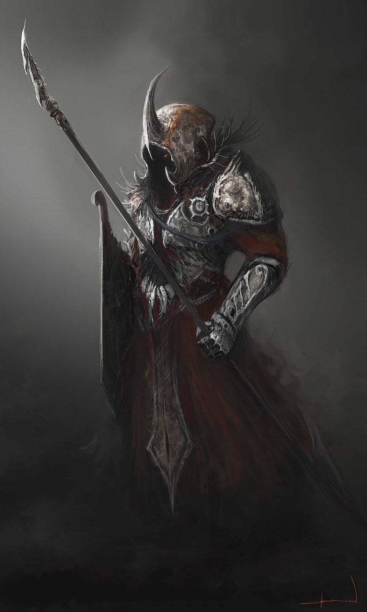 lukisan prajurit memegang tombak, prajurit, menggambar, seni fantasi, baju besi, Wallpaper HD, wallpaper seluler
