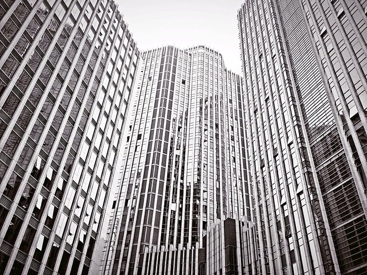 three gray tall buildings, Waiting, national holiday, concrete, jungles, Happy, festival, Taken, tall buildings, uploaded, foursquare, venue, geo, lat, lon, shanghai, iphone, instagram, mobile, skyscraper, architecture, office Building, window, built Structure, urban Scene, building Exterior, modern, business, downtown District, glass - Material, tall - High, black And White, city, tower, facade, futuristic, reflection, new York City, no People, HD wallpaper