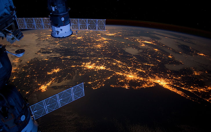 космическое освещение огни планеты земля спутник нью йорк международная космическая станция союз нью джерси космические планеты HD Art, огни, космическое пространство, HD обои