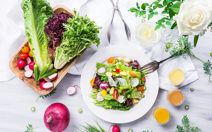caesar salad, vegetables, lettuce, cabbage, radish, tomato, cucumber, HD wallpaper