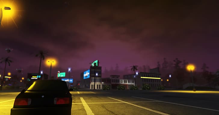 Bmw E30 m3, night sky, parking lot, purple background, city, street light, palm trees, Pacifico (Roblox Game), Roblox, HD wallpaper