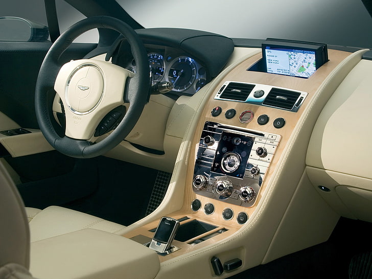 white and black steering wheel, aston martin, rapide, 2006, beige, salon, interior, concept car, the steering wheel, speedometer, HD wallpaper