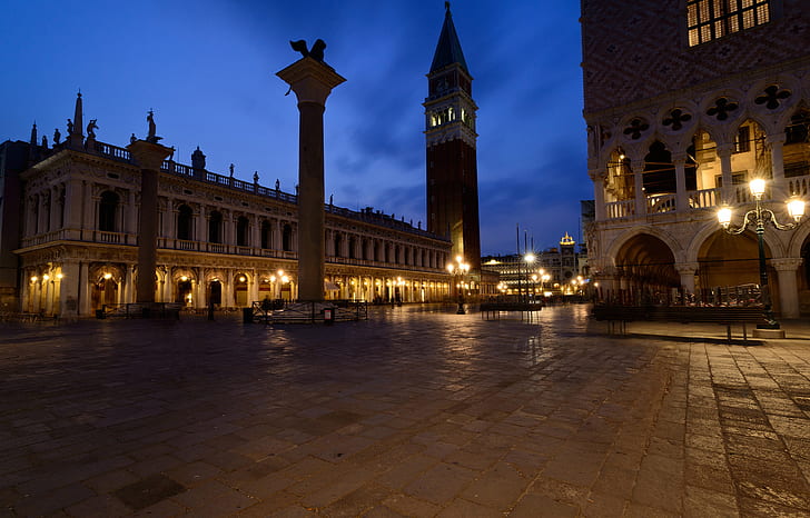 the sky, clouds, night, lights, Italy, Venice, the Doge's Palace, Piazzetta, column of St. Mark, Campanile, column of St. Theodore, HD wallpaper