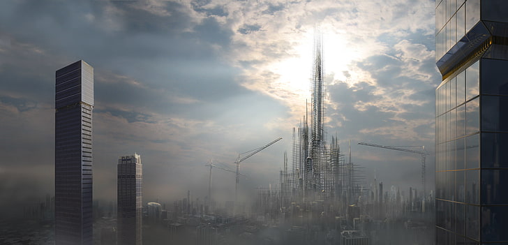 ilustracja budynku wieżowca z szarego betonu, miasto, mgła, konstrukcja, budynek, drapacze chmur, sztuka, mgła, samburley, Tapety HD