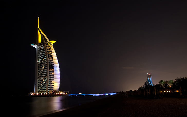 Light, night, Dubai, UAE, Jumeirah beach hotel, Burj Al Arab, HD wallpaper  | Wallpaperbetter