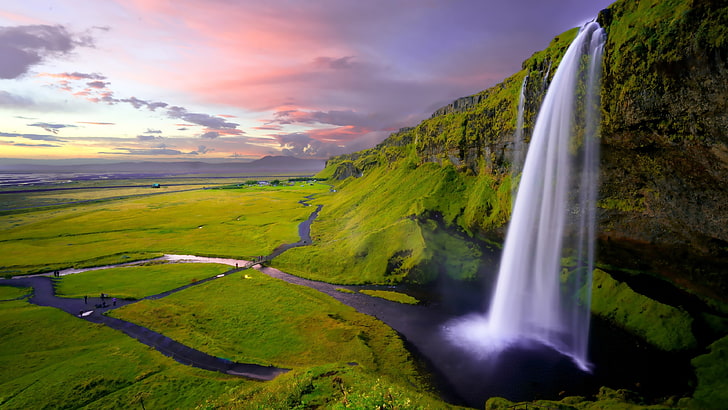 アイスランド、セリャラントスフォス、川、空、雲、滝、岩、崖、人々、自然、 HDデスクトップの壁紙