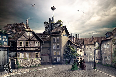 painting of houses, cityscape, architecture, building, crowds, street, vintage, photo manipulation, old building, stork, nests, street light, Germany, trees, children, dog, clouds, house, town, birds, people, Victorian, Photoshop, Ronny Welscher, Bad Langensalza, HD wallpaper HD wallpaper