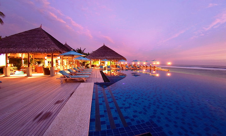 blue patio umbrella, maldives, tropical, beach, resort, evening, HD wallpaper