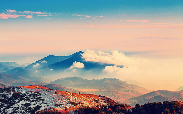 gunung merah dan abu-abu, gunung, awan, lingkungan, biru, oranye, alam, pemandangan, musim dingin, Wallpaper HD