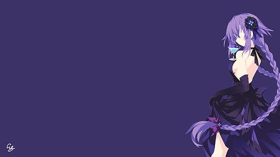 anime, anime girls, minimalism, simple background, Neptune (Hyperdimension Neptunia), Purple Heart (Hyperdimension Neptunia), Hyperdimension Neptunia, long hair, purple hair, pigtails, back, dress, drink, sideboob, gloves, lifting dress, hair ornament, earring, HD wallpaper HD wallpaper