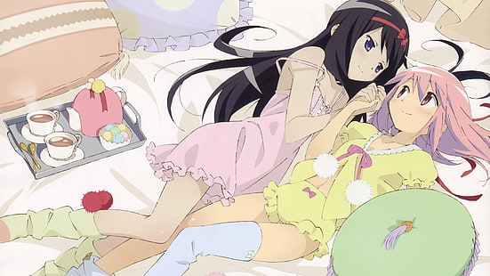 Mahou Shoujo Madoka Magica, Kaname Madoka, Akemi Homura, anime girls, HD wallpaper HD wallpaper