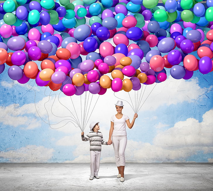 mujer y niño sosteniendo globos ilustraciones, bolas, alegría, felicidad, globos, personas, colorido, feliz, cielo, familia, Fondo de pantalla HD