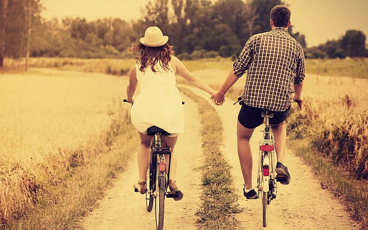 couple, love, bicycle, path, HD wallpaper