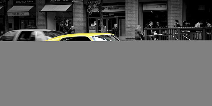 Ford Mustang, GT, muscle car, giallo, vista laterale, edificio in cemento grigio, Ford Mustang, muscle car, giallo, vista laterale, Sfondo HD