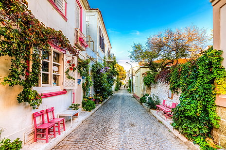 greens, street, home, pavers, benches, Aegean Sea, Bozcaada, HD wallpaper HD wallpaper