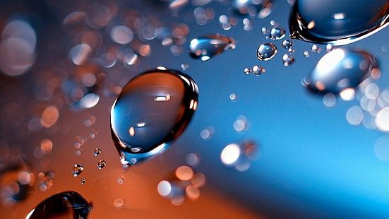 water, blue, drop, macro photography, close up, liquid bubble, photography, reflection, water drops, sky, moisture, dew, droplet, surface, HD wallpaper HD wallpaper