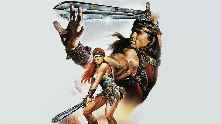 Arnold Schwarzenegger, Brigitte Nielsen, Conan The Barbarian, movies, Red Sonja, sword, warrior, HD wallpaper