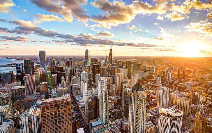 Сгради Небостъргачи Чикаго Sunlight Clouds Sunset HD, облаци, залез, сгради, градски пейзаж, слънчева светлина, небостъргачи, Чикаго, HD тапет