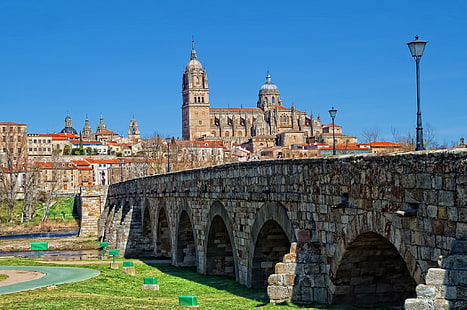 most, rzeka, dom, katedra, Hiszpania, Salamanka, Tormes, Tapety HD HD wallpaper