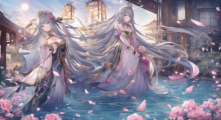 anime, anime girls, water, underwater, long hair, fantasy architecture, Chinese dress, chinese art, traditional art, flowers, petals, HD wallpaper