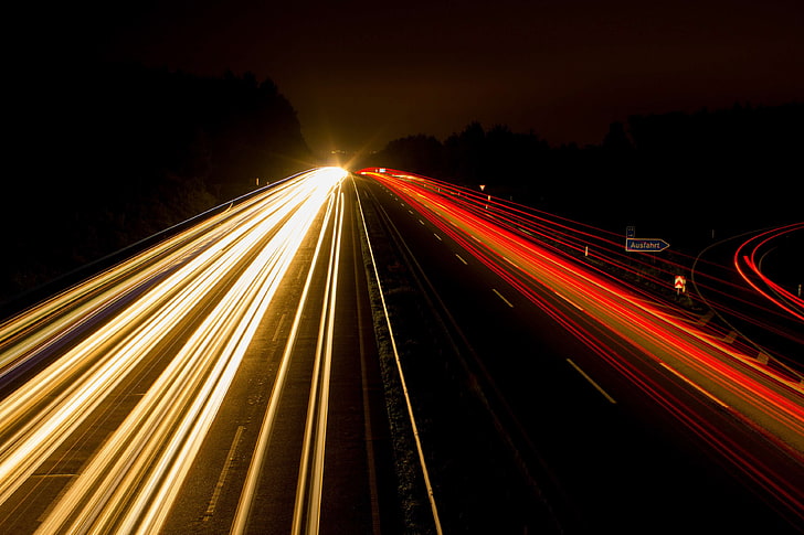 highway, light streaks, lights, long exposure, night, HD wallpaper