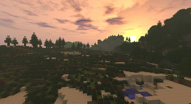 Minecraft, sunset, video games, forest, HD wallpaper