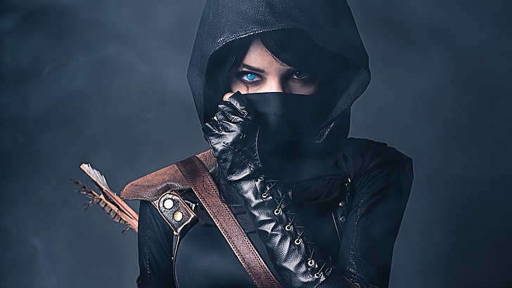 chaqueta con capucha negra para mujer, cosplay, ladrón, Fondo de pantalla HD