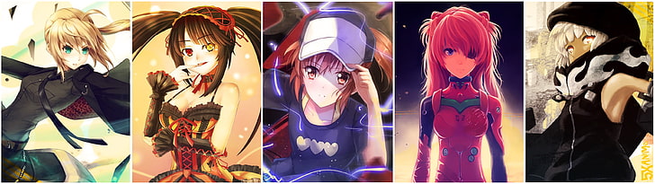 วอลล์เปเปอร์ตัวละครอนิเมะหญิง, อะนิเมะ Misaka, อะนิเมะ, สาวอะนิเมะ, จอแสดงผลหลายจอ, Neon Genesis Evangelion, Black Rock Shooter, Strength (Black Rock Shooter), Asuka Langley Soryu, Misaka Mikoto, To Aru Kagaku no Railgun, Date A Live, Tokisaki Kurumi , Saber, Fate Series, Fate / Zero, คอลลาจ, วอลล์เปเปอร์ HD