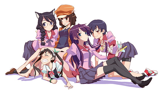 Hachikuji Mayoi, Monogatari Series, Hanekawa Tsubasa, Sengoku Nadeko, Senjougahara Hitagi, Kanbaru Suruga, anime girls, nekomimi, วอลล์เปเปอร์ HD HD wallpaper