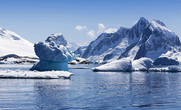 white iceberg, sea, the sky, snow, mountains, rocks, coast, icicles, ice, blocks, HD wallpaper
