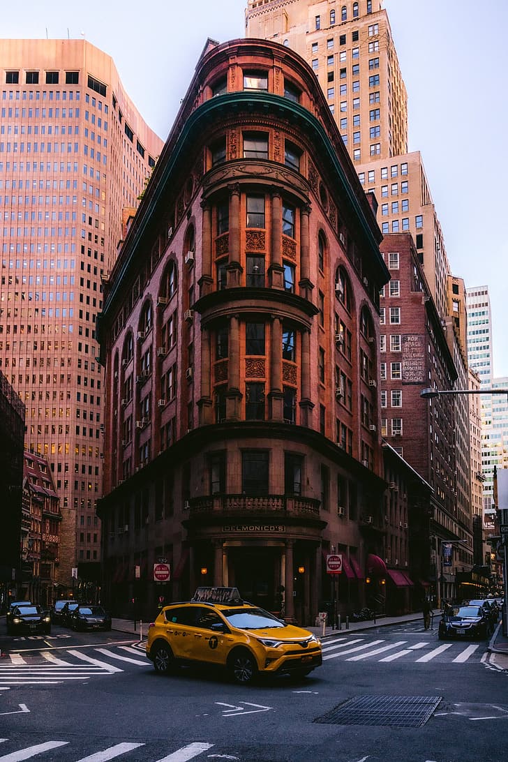 New York City, building, car, taxi, vertical, portrait display, HD wallpaper