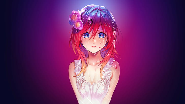 anime girl, anime art, purple, sad, sad girl, cry, mangaka, long hair, red hair, feeling, illustration, blue eyes, HD wallpaper