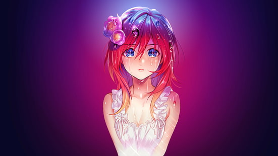 gadis anime, seni anime, ungu, sedih, gadis sedih, menangis, mangaka, rambut panjang, rambut merah, perasaan, ilustrasi, mata biru, Wallpaper HD HD wallpaper