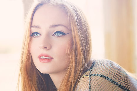 сини очи, актриса, Софи Търнър, червенокоса, HD тапет HD wallpaper