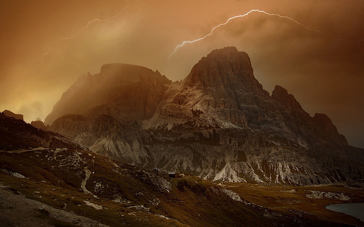 планина с гръмотевици, природа, пейзаж, мълния, Доломити (планини), Италия, мъгла, небе, облаци, буря, кабина, лято, езеро, планини, вода, HD тапет