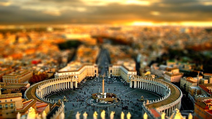 décor miniature de la ville, photographie sélective d'un bâtiment en béton gris et brun, tilt shift, Rome, floue, paysage urbain, Fond d'écran HD