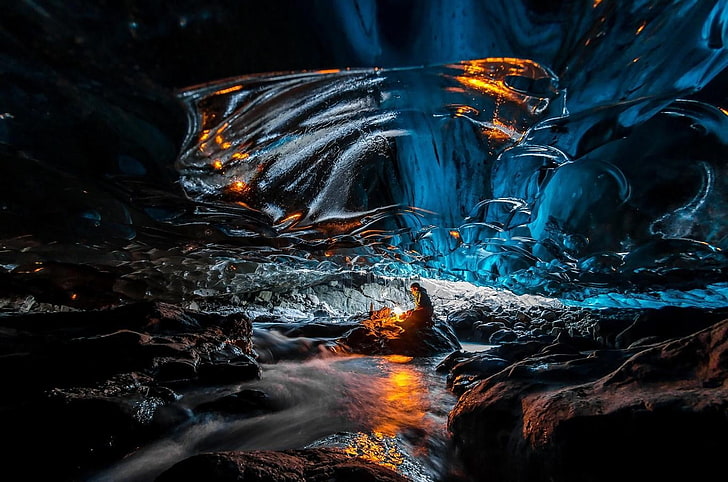 Wallpaper 3D sungai, alam, gua, air, pria, Islandia, es, lampu, gletser, batu, refleksi, paparan lama, Wallpaper HD
